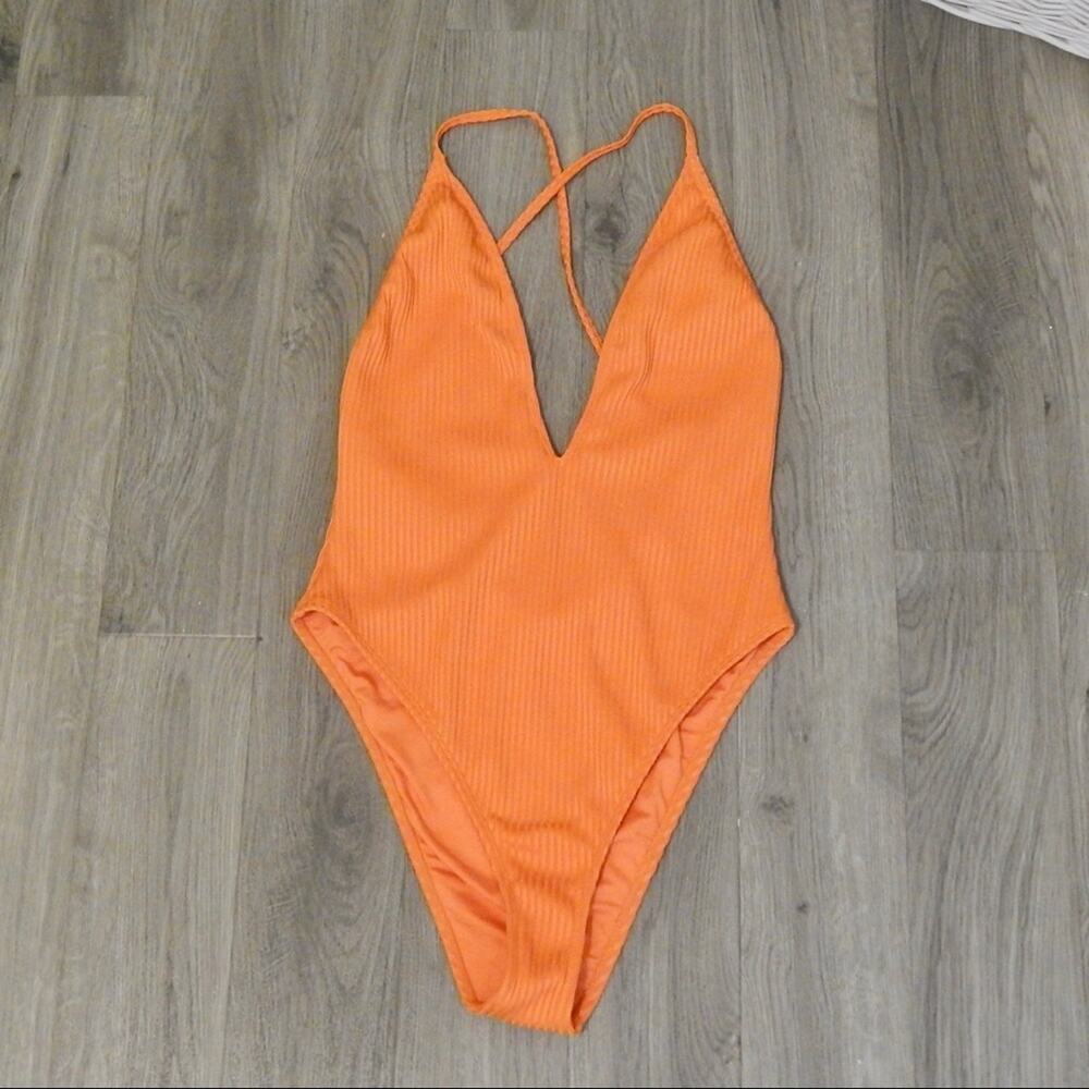 Orange Deep V One Piece Swimsuit Small